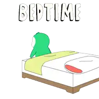 a cartoon of a penguin jumping out of a bed with the words bedtime written above it