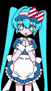 a drawing of a girl with blue hair and a bow on her hat