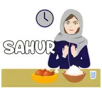 a woman in a hijab sits at a table with a bowl of food and the word sahur in white letters