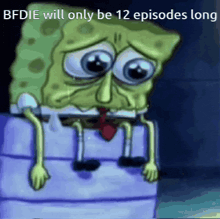 a cartoon of spongebob sitting on a stack of boxes with the caption bfdie will only be 12 episodes long