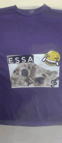 a purple t-shirt with a picture of a cat and the word essa on it