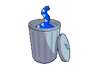 a cartoon drawing of a trash can with the lid open and a blue snake sticking out of it