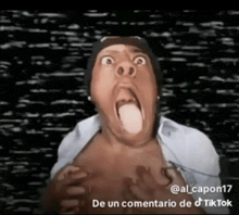 a man is making a funny face with his tongue out and the caption says de un commentario de tik tok