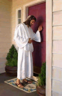 jesus is knocking on the door of a house