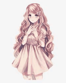 a girl with long hair and blue eyes is wearing a pink dress and standing on a white background .