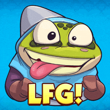 a frog with its tongue sticking out and the word lfg written in yellow