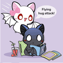 a cartoon of a bat reading a book with a speech bubble saying flying hug attack