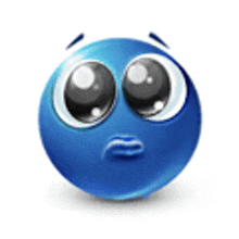 a blue smiley face with big eyes and a sad look on his face .