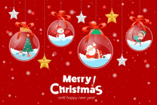 a red background with christmas decorations and the words merry christmas and happy new year