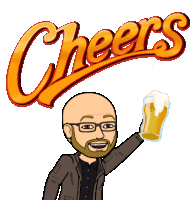 a cartoon man is holding a glass of beer in front of a cheers logo