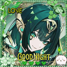 a picture of a girl with green hair and the words good night