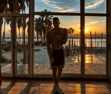 a shirtless man stands in front of a large window with the sun setting behind him