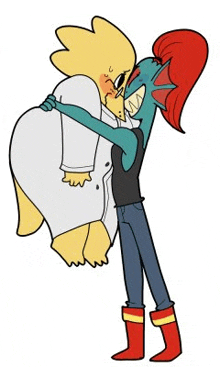 a cartoon character is holding another cartoon character in her arms and kissing them .