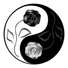 a black and white yin yang symbol with two roses on it