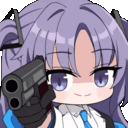 a purple haired anime girl is holding a gun in her hand .