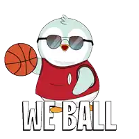 a penguin wearing sunglasses is holding a basketball with the words " we ball " below it