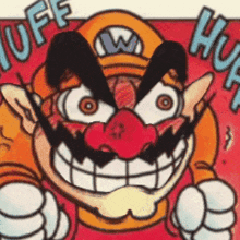 a close up of a cartoon character with a big smile and a hat that says wario