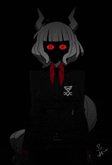 a black and white drawing of a demon with red eyes and the number 3 on her chest