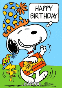 a cartoon of snoopy wearing a party hat and holding a gift box that says happy birthday