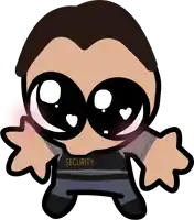 a cartoon drawing of a security guard with hearts in his eyes