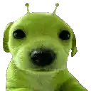 a green stuffed dog with antennas on its ears is laying down on a white background .