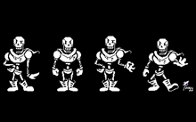 a pixel art of papyrus from undertale standing in different poses on a black background .