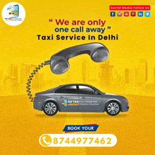 an advertisement for a taxi service in delhi with a phone attached to it