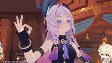 a girl with purple hair and braids is giving the ok sign