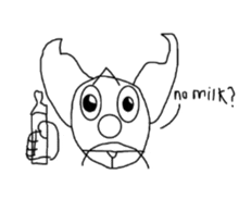 a black and white drawing of a cartoon character holding a bottle of milk and asking no milk