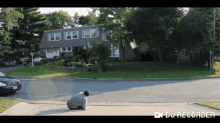 a man is kneeling on the sidewalk in front of a house with a du recorder on the bottom right