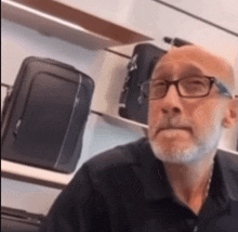 a bald man with glasses and a beard is sitting in front of a shelf with luggage .