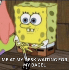 a cartoon of spongebob squarepants sitting at a desk waiting for a bagel .