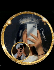 a girl with a tiara on her head takes a picture of herself in a mirror