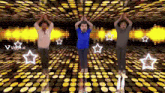three men are dancing on a dance floor with stars and the word viggle.ai in the corner