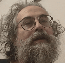 a man with curly hair and a beard wearing glasses