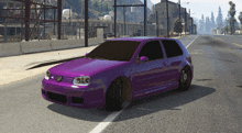 a purple car is parked on the side of a road in a video game