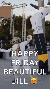 a man with a beard and headphones is standing next to an inflatable batman and says happy friday beautiful jill .