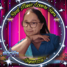 a picture of a woman with glasses and the words real music lovers from