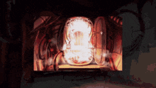 a drawing of a glowing object in a dark room with an open door