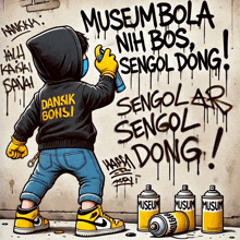 a cartoon drawing of a person spraying graffiti on a wall that says museum bola