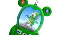 a green gummy bear phone shows a video of gummy bear