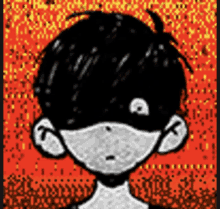 a black and white drawing of a boy 's face with a red background