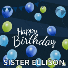 a birthday card with blue and green balloons and the name sister ellison