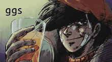 a pixel art drawing of a man holding a glass with the letters ggs visible