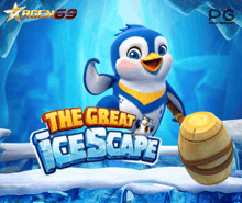 a penguin is holding a wooden mallet and says the great ice scape