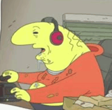 a cartoon character wearing headphones and a red hoodie is playing a video game .