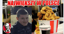 a picture of a boy next to a bucket of fried chicken and a kfc logo