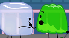 a cartoon ice cube and a green gummy bear standing next to each other