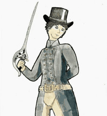 a man in a top hat and coat is holding a sword in his hand .