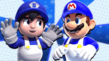 two cartoon characters wearing blue hats with the letter m on them are standing next to each other